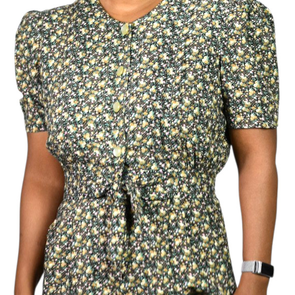 Floral Jumpsuit Vintage Black Ditsy Micro Print Calico 90s Rayon Small Petite - Picture 4 of 15